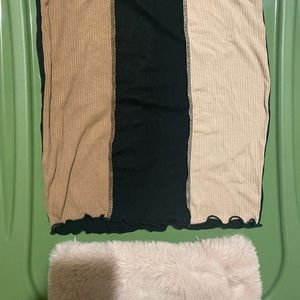 Knit color block skirt with tan faux fur headband